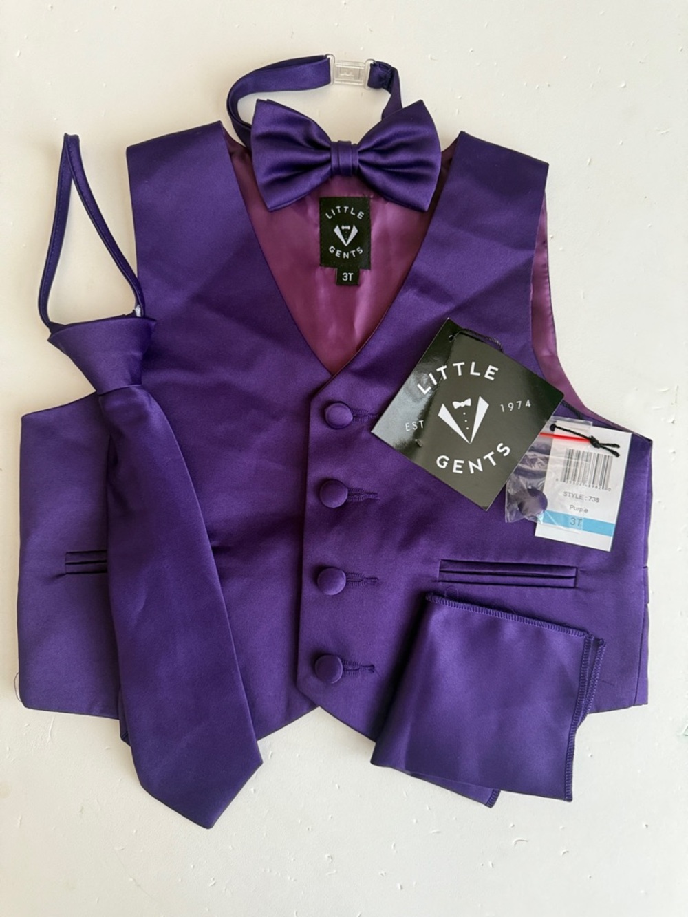 Little Gents Purple Satin Vest w/ Zipper Tie Bow tie & Hanky Toddler 3T